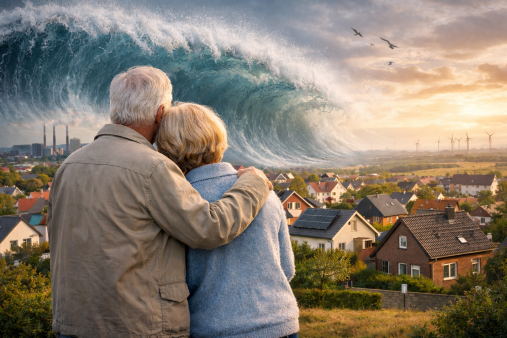 Ein Tsunami rollt auf eine Stadt zu. Ein Seniorenpärchen schaut es sich aus der Entfernung an.